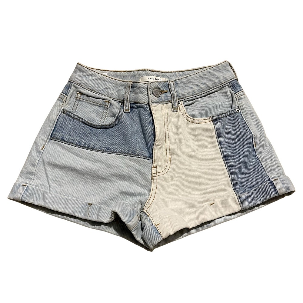 Pacsun Sz 23 High Rise Festival Colorblock Light Wash White Denim‎ Shorts
